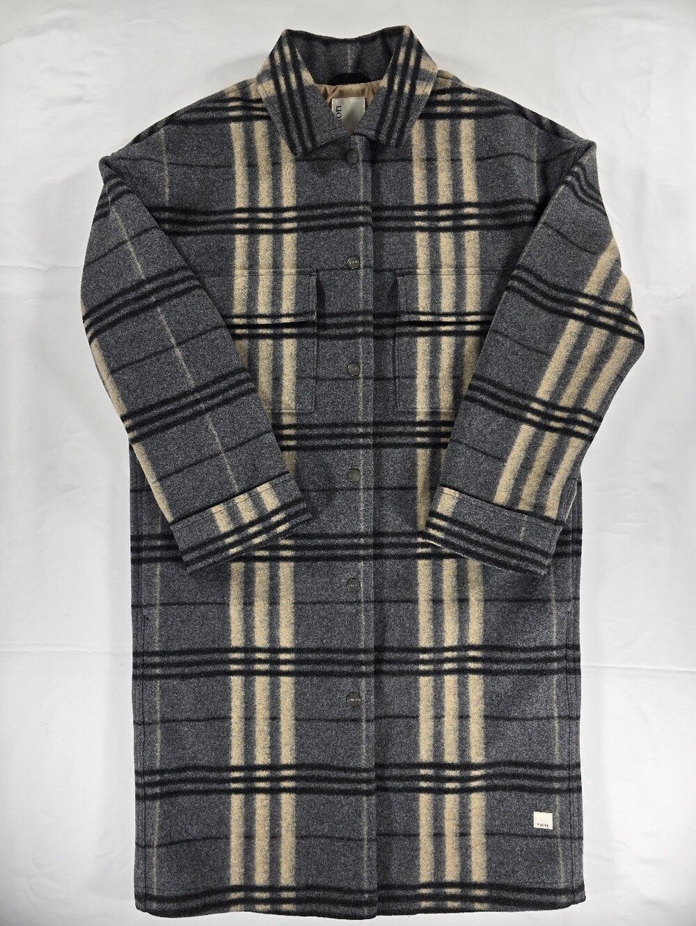 NEW Vuori Women's Ballard Long Top Trench Coat Gray Beige Plaid Button Front XS